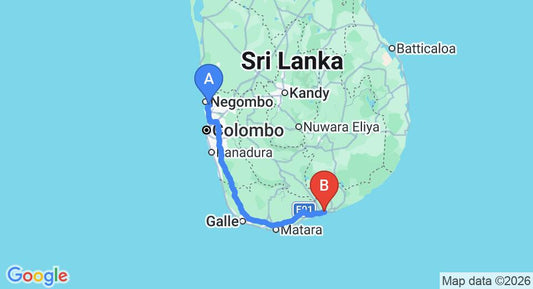Driving route map: Colombo Airport (CMB) to Ambalantota (238 km, approx 3 h 16 min private transfer)