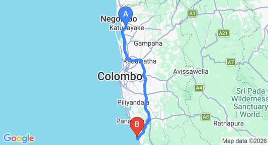 Driving route map: Colombo Airport (CMB) to Kamili Beach Villa, Kalutara (80 km, approx 1 h 25 min private transfer)