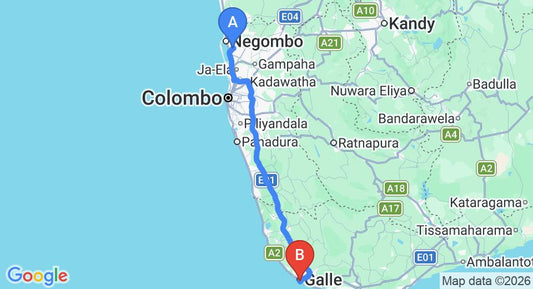 Driving route map: Colombo Airport (CMB) to Beach Haven Guest House, Galle (153 km, approx 2 h 14 min private transfer)