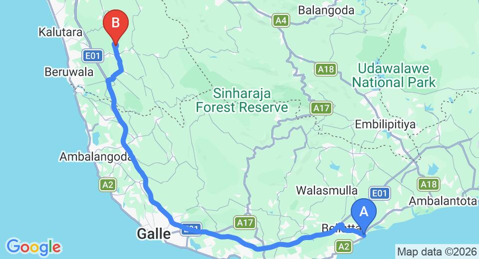 Driving route map: Tangalle to Hiriketiya (130 km, approx 1 h 55 min private transfer)