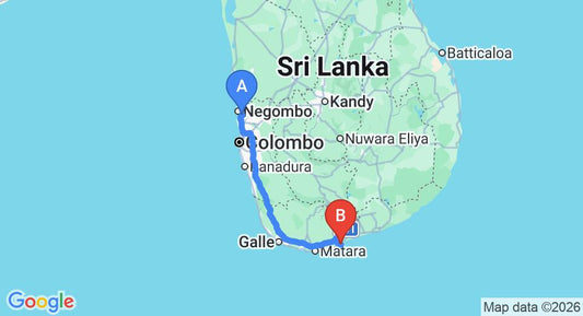 Driving route map: Colombo Airport (CMB) to Amanwella, Tangalle (212 km, approx 2 h 55 min private transfer)