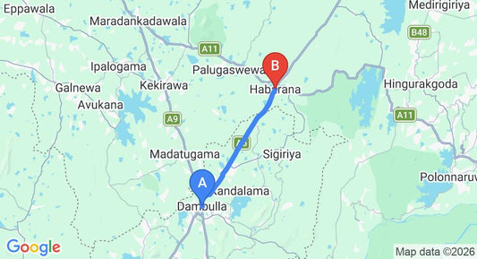 Driving route map: Dambulla to Habarana (22 km, approx 26 min private transfer)