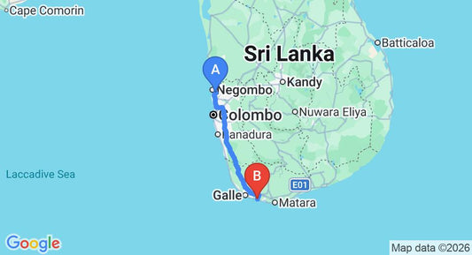 Driving route map: Colombo Airport (CMB) to Villa Kathaluwa, Koggala (163 km, approx 2 h 16 min private transfer)