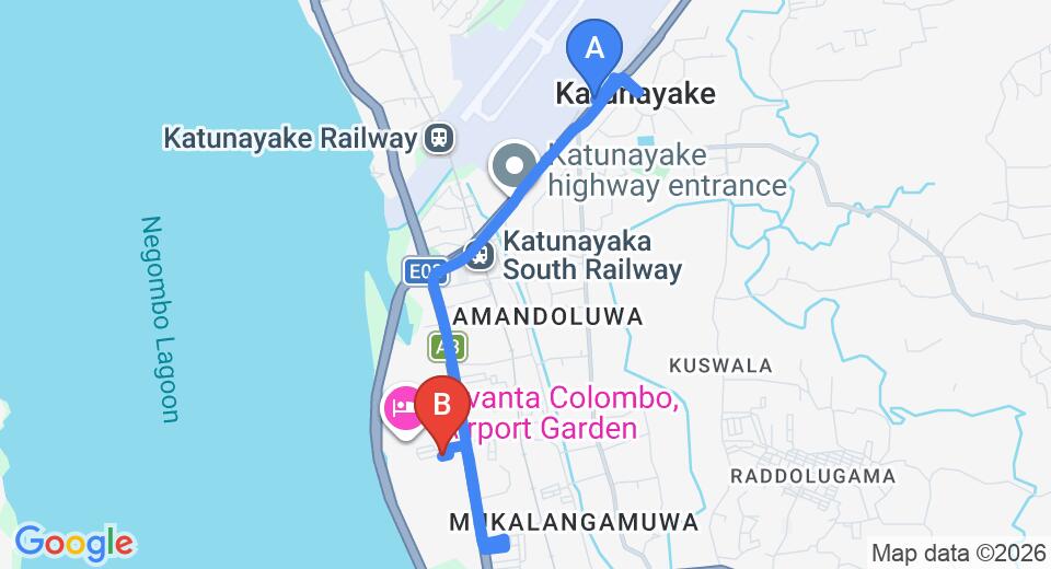 Driving route map: Colombo Airport (CMB) to The Airport Villa, Katunayake (7 km, approx 16 min private transfer)