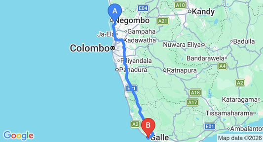 Driving route map: Colombo Airport (CMB) to The Fort House, Galle (153 km, approx 2 h 14 min private transfer)