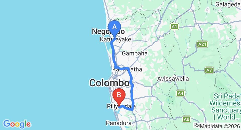 Driving route map: Colombo Airport (CMB) to Governors Villa Bolgoda, Moratuwa (64 km, approx 1 h 10 min private transfer)
