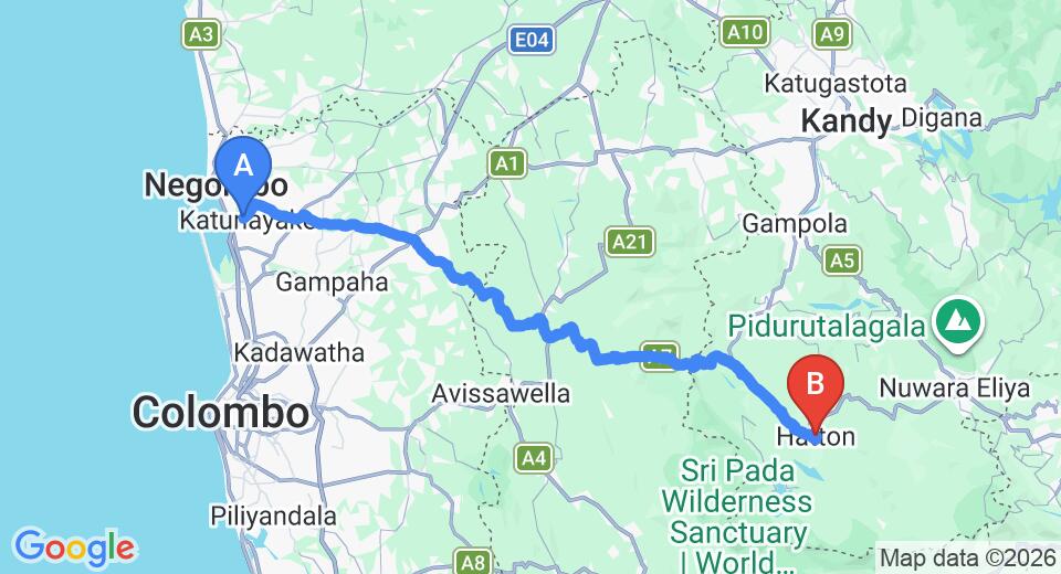 Driving route map: Colombo Airport (CMB) to Slightlychilled, Hatton (116 km, approx 3 h 36 min private transfer)