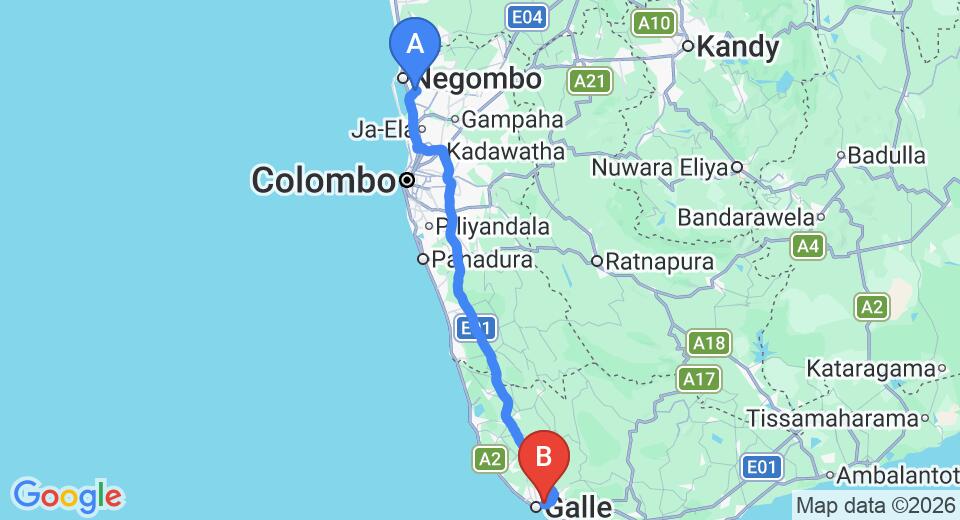Driving route map: Colombo Airport (CMB) to Ceylon Olive Galle, Galle (150 km, approx 2 h 3 min private transfer)