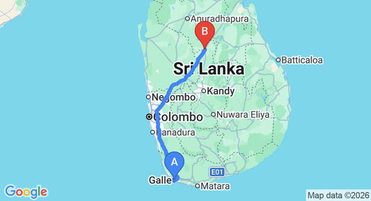 Driving route map: Galle to Dambulla (257 km, approx 4 h 36 min private transfer)