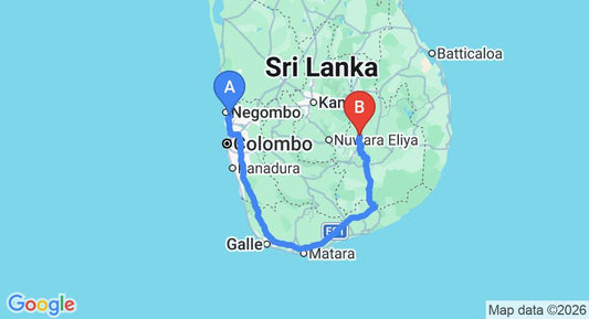 Driving route map: Colombo Airport (CMB) to Bonnieland Bungalow, Badulla (355 km, approx 5 h 35 min private transfer)