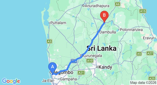 Driving route map: Colombo Airport (CMB) to Kamatha Adventure Lodge, Habarana (151 km, approx 3 h 16 min private transfer)