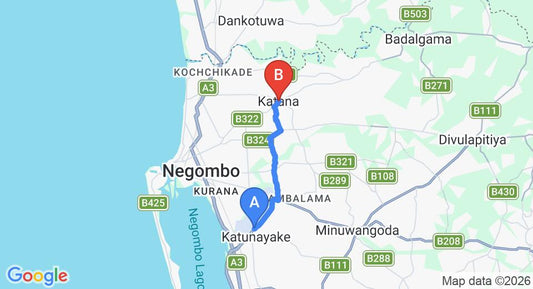 Driving route map: Colombo Airport (CMB) to Katana (11 km, approx 23 min private transfer)