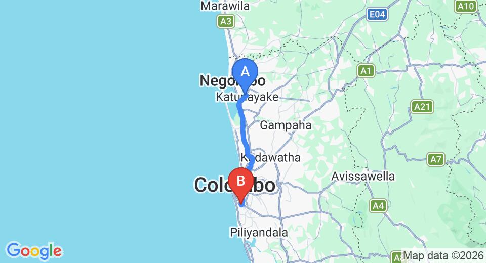 Driving route map: Colombo Airport (CMB) to D Pavilion Boutique Hotel, Colombo (37 km, approx 53 min private transfer)