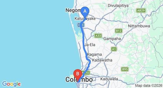Driving route map: Colombo Airport (CMB) to Courtyard by Marriott, Colombo (34 km, approx 45 min private transfer)
