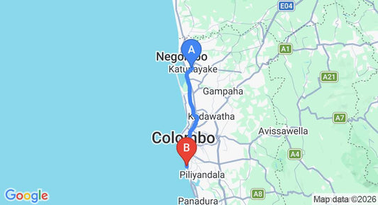 Driving route map: Colombo Airport (CMB) to Mount Lavinia Hotel, Mount Lavinia (43 km, approx 1 h 10 min private transfer)