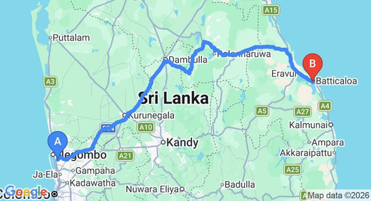 Driving route map: Colombo Airport (CMB) to Subaraj Inn, Batticaloa (292 km, approx 6 h 3 min private transfer)