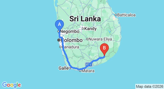 Driving route map: Colombo Airport (CMB) to Romana Rest Yala Safari, Kataragama (284 km, approx 3 h 42 min private transfer)