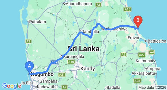 Driving route map: Negombo to Pasikuda (269 km, approx 5 h 27 min private transfer)