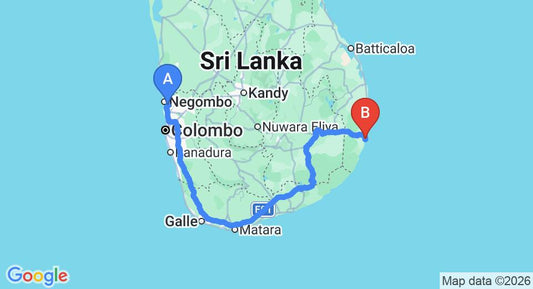 Driving route map: Colombo Airport (CMB) to Ocean Beach Hotel, Arugam Bay (419 km, approx 6 h 30 min private transfer)