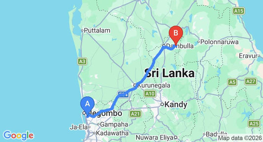 Driving route map: Colombo Airport (CMB) to Kadugannawa (146 km, approx 3 h 14 min private transfer)