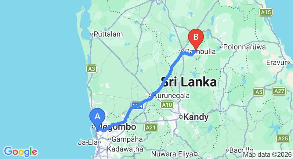 Driving route map: Colombo Airport (CMB) to Governors Camp Bungalow, Wilpattu (146 km, approx 3 h 14 min private transfer)