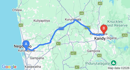 Driving route map: Colombo Airport (CMB) to Madawala (116 km, approx 2 h 53 min private transfer)