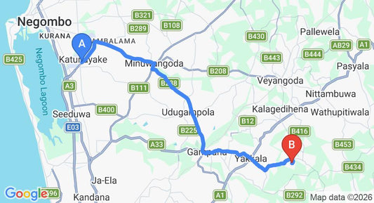 Driving route map: Colombo Airport (CMB) to Ambagaspitiya (30 km, approx 1 h 3 min private transfer)