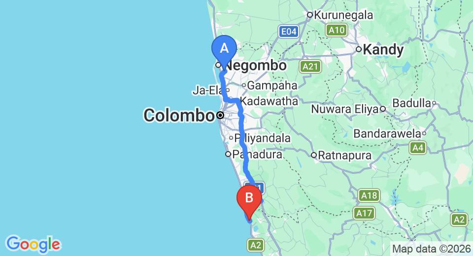 Driving route map: Colombo Airport (CMB) to Kosgoda Beach Resort, Kosgoda (118 km, approx 1 h 54 min private transfer)