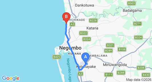 Driving route map: Colombo Airport (CMB) to Hotel Honors Club, Negombo (15 km, approx 36 min private transfer)