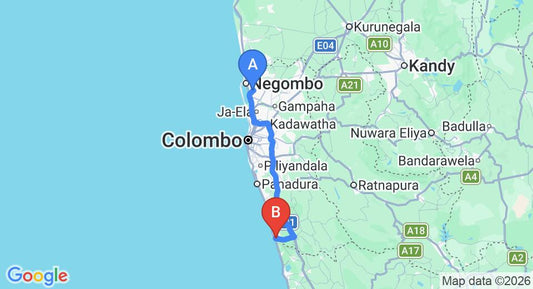 Driving route map: Colombo Airport (CMB) to Hotel Blue Sapphire, Aluthgama (107 km, approx 1 h 39 min private transfer)
