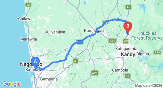 Driving route map: Colombo Airport (CMB) to Chateau Holiday Bungalow, Matale (126 km, approx 3 h 1 min private transfer)