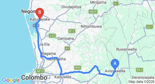 Driving route map: Avissawella to Colombo Airport (CMB) (68 km, approx 1 h 33 min private transfer)