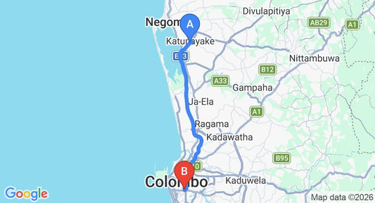 Driving route map: Colombo Airport (CMB) to The Lake Manor, Colombo (33 km, approx 42 min private transfer)