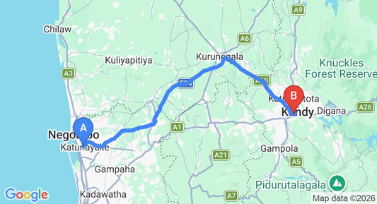 Driving route map: Colombo Airport (CMB) to Atelier, Kandy (113 km, approx 2 h 49 min private transfer)