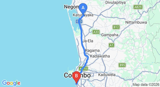 Driving route map: Colombo Airport (CMB) to D Villas, Colombo (37 km, approx 52 min private transfer)