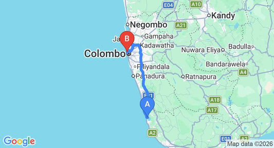 Driving route map: Ahungalla to Colombo Seaport (117 km, approx 1 h 59 min private transfer)