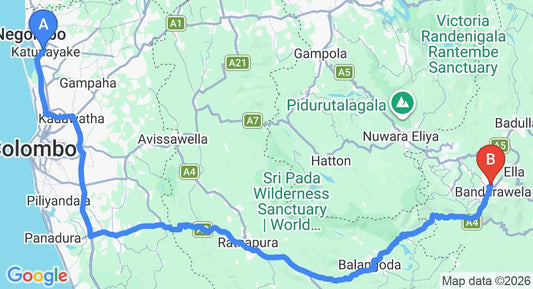 Driving route map: Colombo Airport (CMB) to Bandarawela Holiday Home, Bandarawela (220 km, approx 5 h 24 min private transfer)