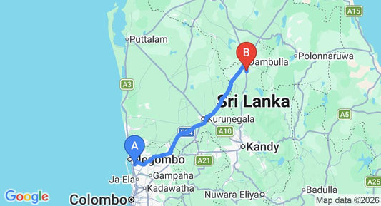 Driving route map: Colombo Airport (CMB) to Grand Kalundawa Waterfront Resort, Dambulla (135 km, approx 2 h 56 min private transfer)