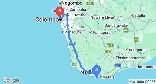 Driving route map: Mirissa to Colombo Seaport (173 km, approx 2 h 33 min private transfer)