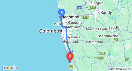 Driving route map: Colombo Airport (CMB) to Madhu Ganga Paradise, Balapitiya (124 km, approx 2 h 5 min private transfer)