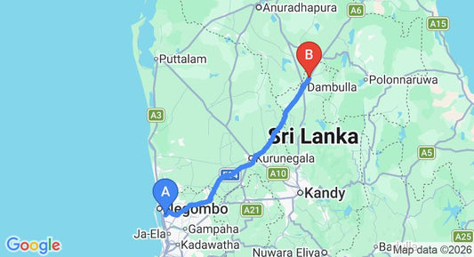 Driving route map: Colombo Airport (CMB) to Nice Place Hotel, Dambulla (136 km, approx 2 h 56 min private transfer)