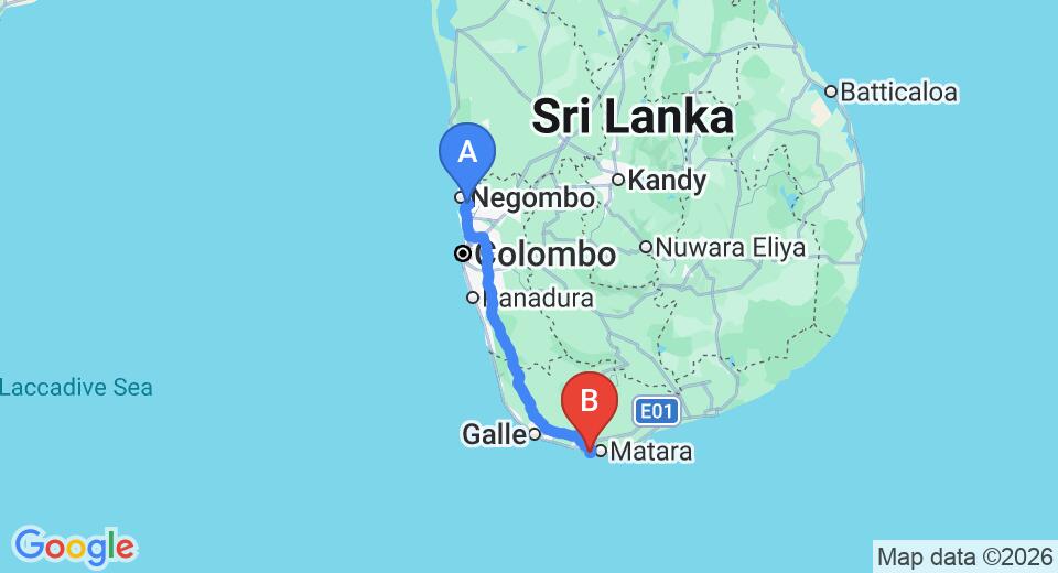 Driving route map: Colombo Airport (CMB) to Ubuntu Beach Villas, Mirissa (180 km, approx 2 h 36 min private transfer)