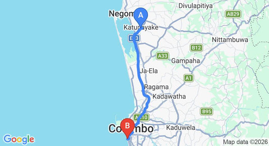 Driving route map: Colombo Airport (CMB) to Colombo Haven, Colombo (37 km, approx 52 min private transfer)