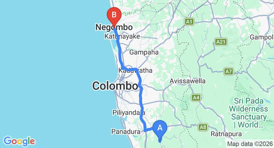 Driving route map: Yala to Negombo (80 km, approx 1 h 28 min private transfer)