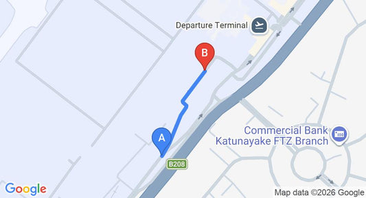 Driving route map: Colombo Airport (CMB) to Katunayake Free Trade Zone (0 km, approx 0 min private transfer)