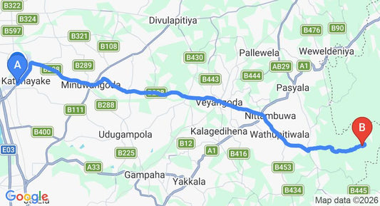 Driving route map: Colombo Airport (CMB) to Alawala (39 km, approx 1 h 17 min private transfer)