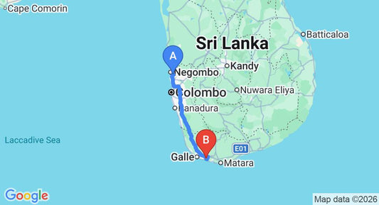 Driving route map: Colombo Airport (CMB) to Villa Mayurana, Ahangama (164 km, approx 2 h 18 min private transfer)