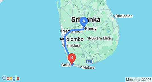 Driving route map: Kandy to Galle (221 km, approx 4 h 37 min private transfer)