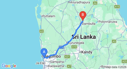 Driving route map: Colombo Airport (CMB) to Hotel Eden Garden, Dambulla (137 km, approx 2 h 58 min private transfer)