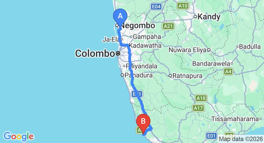 Driving route map: Colombo Airport (CMB) to Villa Goodwill Paradise, Hikkaduwa (143 km, approx 2 h 7 min private transfer)